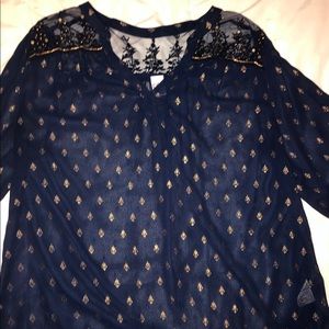 Sheer Navy long sleeve blouse with gold accents